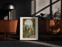 Black-framed Crowned angelic woman and red-skinned man print on a moody console with designer coffee-table books