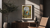 Crowned angelic woman and red-skinned man poster framed above a fluted sideboard beside an olive tree