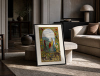 Crowned angelic woman and red-skinned man print in a black frame leaning on a travertine table in a sunlit lounge