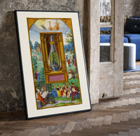 Peacock inside glass alchemical vessel print in a black frame leaning beside a vintage door on parquet