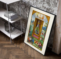 Peacock inside glass alchemical vessel poster in a black frame leaning beside a shelf in a raw-plaster loft