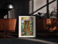 Black-framed Peacock inside glass alchemical vessel print on a moody console with designer coffee-table books