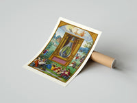 Rolled Peacock inside glass alchemical vessel poster beside its crush-resistant kraft shipping tube
