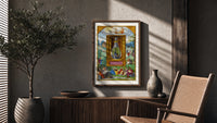 Peacock inside glass alchemical vessel poster framed above a fluted sideboard beside an olive tree