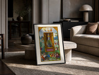 Peacock inside glass alchemical vessel print in a black frame leaning on a travertine table in a sunlit lounge