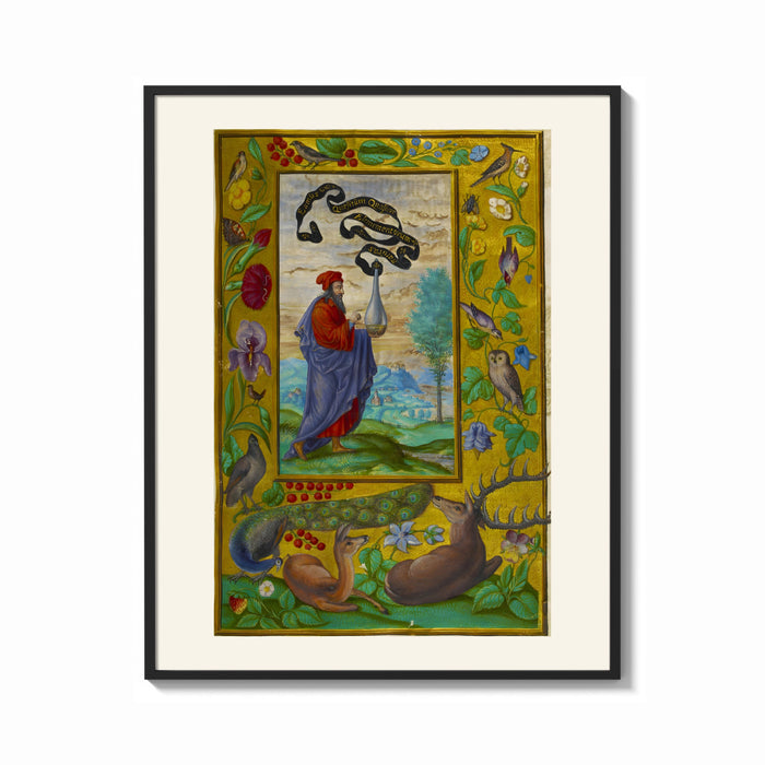Framed Alchemist holding a flask print shown as a bold statement piece on a clean gallery wall