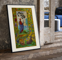 Alchemist holding a flask print in a black frame leaning beside a vintage door on parquet