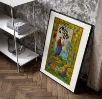 Alchemist holding a flask poster in a black frame leaning beside a shelf in a raw-plaster loft