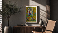 Alchemist holding a flask poster framed above a fluted sideboard beside an olive tree