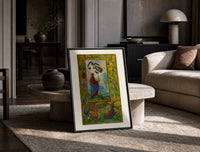 Alchemist holding a flask print in a black frame leaning on a travertine table in a sunlit lounge