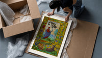 Alchemist holding a flask framed print being unpacked from protective bubble wrap and a box