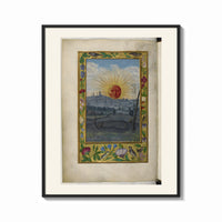 Framed Sun with human face over town print shown as a bold statement piece on a clean gallery wall