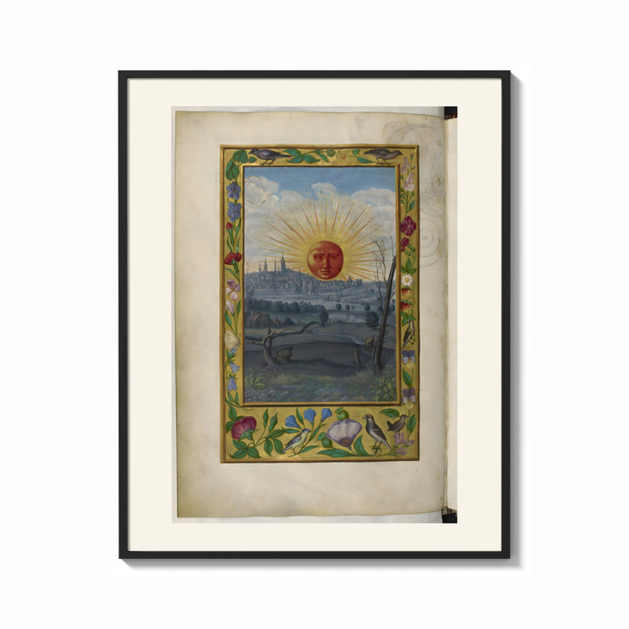 Framed Sun with human face over town print shown as a bold statement piece on a clean gallery wall