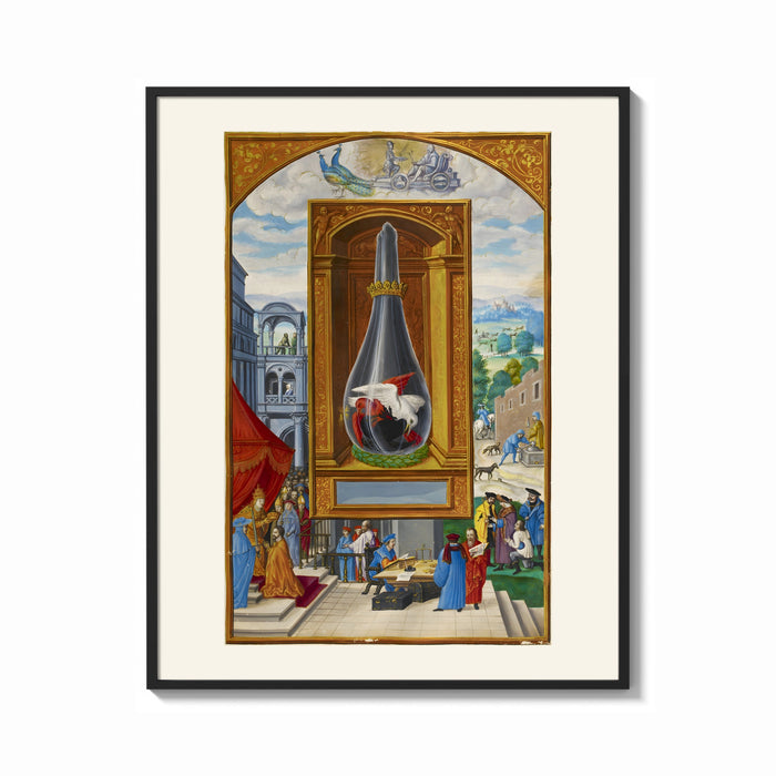 Framed Alchemical flask with birds inside print shown as a bold statement piece on a clean gallery wall