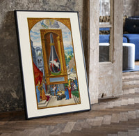 Alchemical flask with birds inside print in a black frame leaning beside a vintage door on parquet