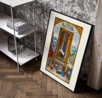 Alchemical flask with birds inside poster in a black frame leaning beside a shelf in a raw-plaster loft