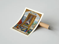 Rolled Alchemical flask with birds inside poster beside its crush-resistant kraft shipping tube