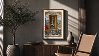 Alchemical flask with birds inside poster framed above a fluted sideboard beside an olive tree