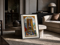 Alchemical flask with birds inside print in a black frame leaning on a travertine table in a sunlit lounge