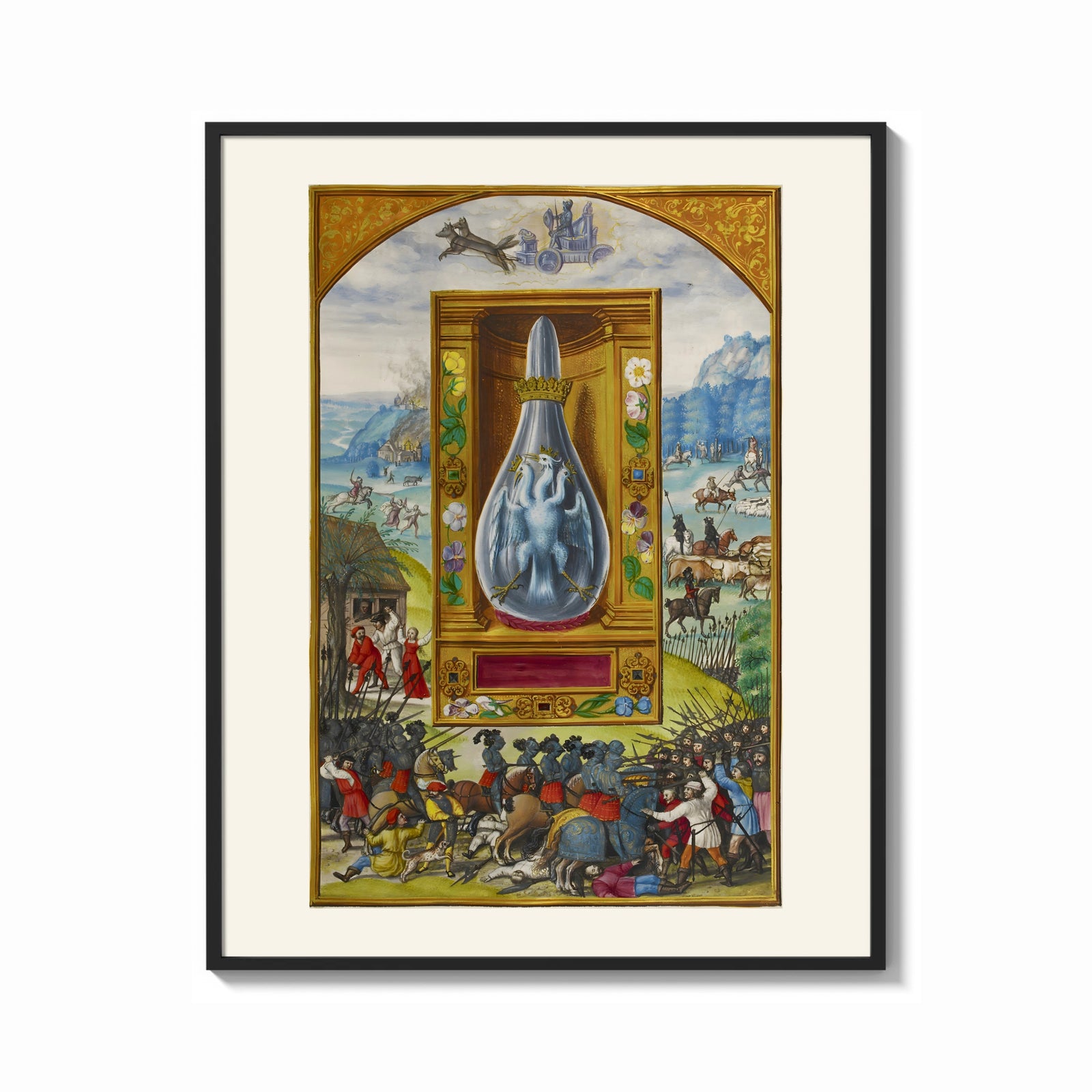 Framed Crowned double-headed bird in flask print shown as a bold statement piece on a clean gallery wall