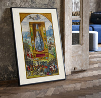 Crowned double-headed bird in flask print in a black frame leaning beside a vintage door on parquet