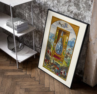 Crowned double-headed bird in flask poster in a black frame leaning beside a shelf in a raw-plaster loft