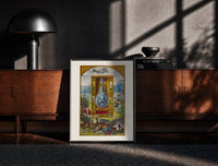 Black-framed Crowned double-headed bird in flask print on a moody console with designer coffee-table books