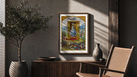 Crowned double-headed bird in flask poster framed above a fluted sideboard beside an olive tree