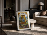 Crowned double-headed bird in flask print in a black frame leaning on a travertine table in a sunlit lounge