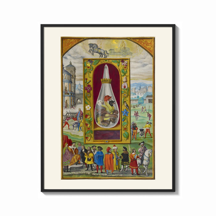 Framed Three-headed dragon in alchemical flask print shown as a bold statement piece on a clean gallery wall