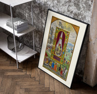 Three-headed dragon in alchemical flask poster in a black frame leaning beside a shelf in a raw-plaster loft