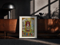 Black-framed Three-headed dragon in alchemical flask print on a moody console with designer coffee-table books