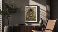 Three-headed dragon in alchemical flask poster framed above a fluted sideboard beside an olive tree