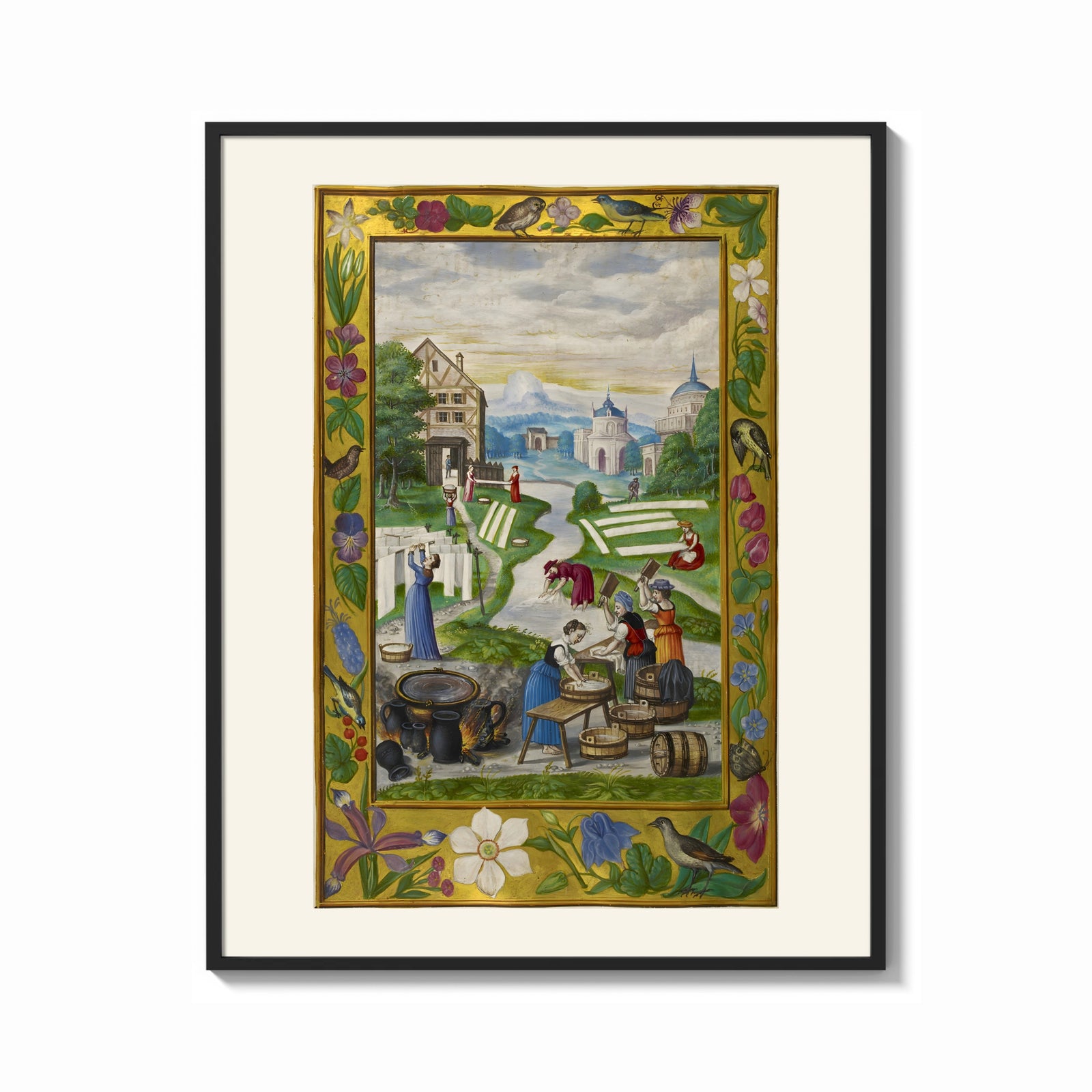 Framed Medieval women washing laundry by river print shown as a bold statement piece on a clean gallery wall