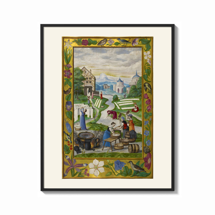 Framed Medieval women washing laundry by river print shown as a bold statement piece on a clean gallery wall