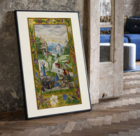 Medieval women washing laundry by river print in a black frame leaning beside a vintage door on parquet