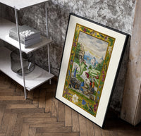 Medieval women washing laundry by river poster in a black frame leaning beside a shelf in a raw-plaster loft