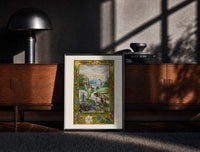 Black-framed Medieval women washing laundry by river print on a moody console with designer coffee-table books