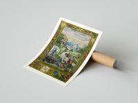 Rolled Medieval women washing laundry by river poster beside its crush-resistant kraft shipping tube