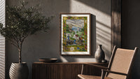 Medieval women washing laundry by river poster framed above a fluted sideboard beside an olive tree