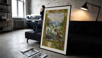 Medieval women washing laundry by river print in a slim black frame leaning on a dark sofa in a concrete print studio