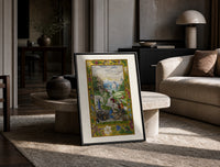 Medieval women washing laundry by river print in a black frame leaning on a travertine table in a sunlit lounge
