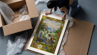 Medieval women washing laundry by river framed print being unpacked from protective bubble wrap and a box