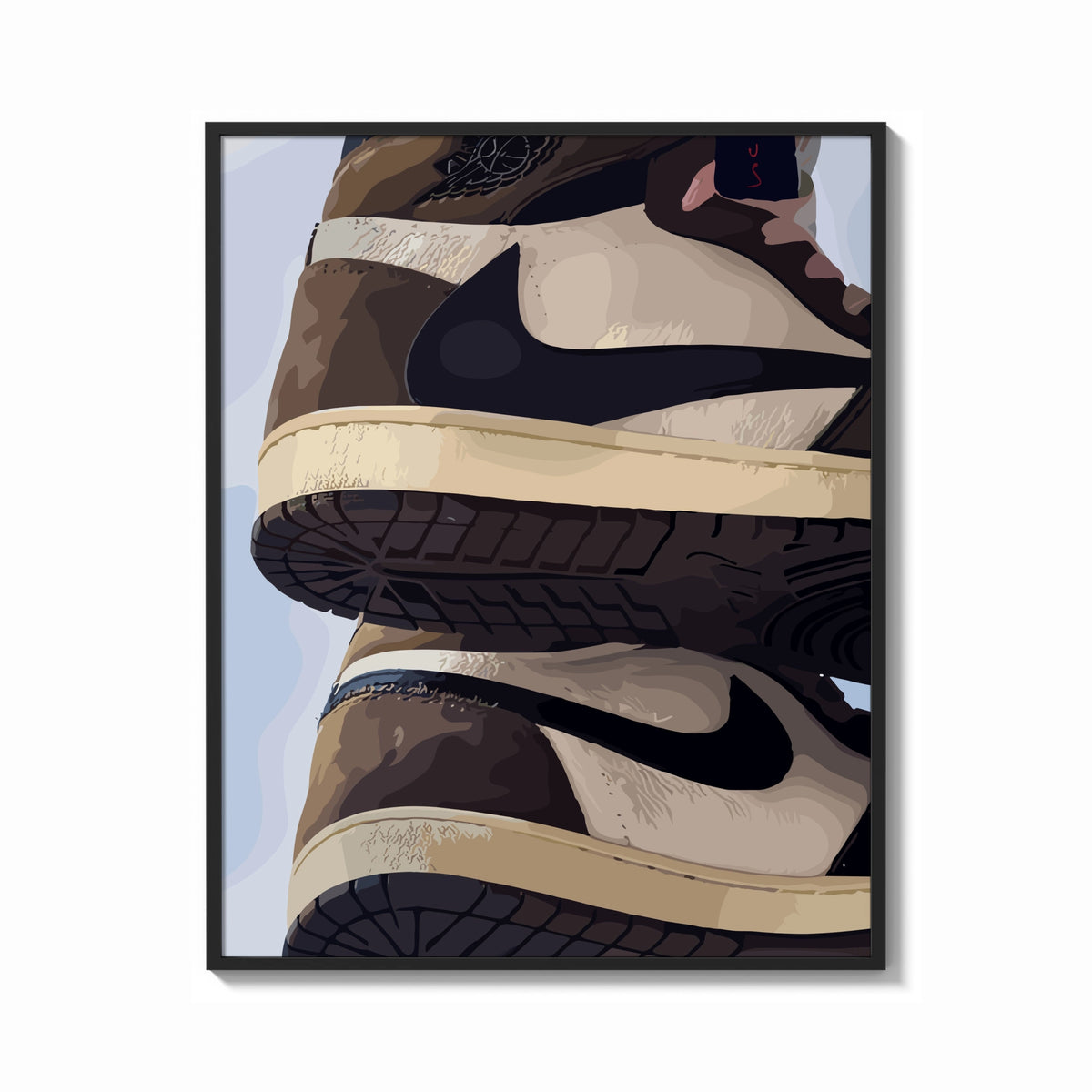 Framed Stacked Brown and Cream Sneakers print shown as a bold statement piece on a clean gallery wall