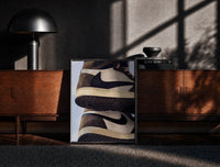 Black-framed Stacked Brown and Cream Sneakers print on the floor in front of a dark wooden console