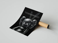 Standing KAWS Companion with glowing XX eyes on a black poster partially unrolled from a tube