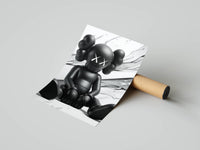 Standing KAWS companion figure with flowing silver paint waves on a black and white rolled poster