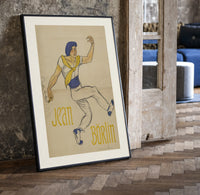 Dancer in blue cap leaping print in a black frame leaning beside a vintage door on parquet