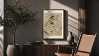 Dancer in blue cap leaping poster framed above a fluted sideboard beside an olive tree
