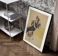 Flamenco dancer with flowers in hair poster in a black frame leaning beside a shelf in a raw-plaster loft